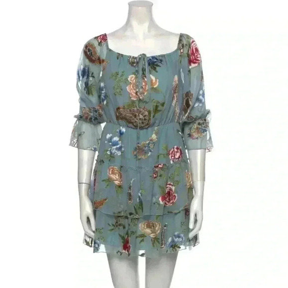 Alice & Olivia Waylon Off The Shoulder Blouson Mini Dress Boho Multi Floral - Picture 3 of 14